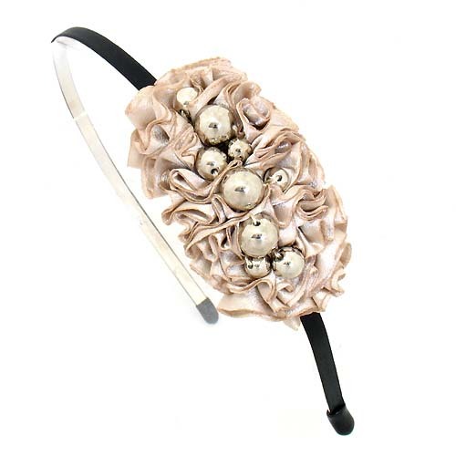 Silver Balls on Pleated Satin Ribbon Beige Headband